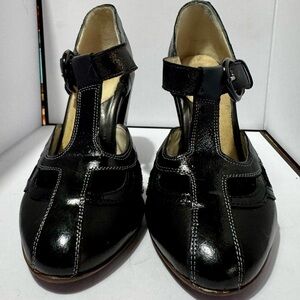John Fluevog Sigourney Black T-Strap Heels